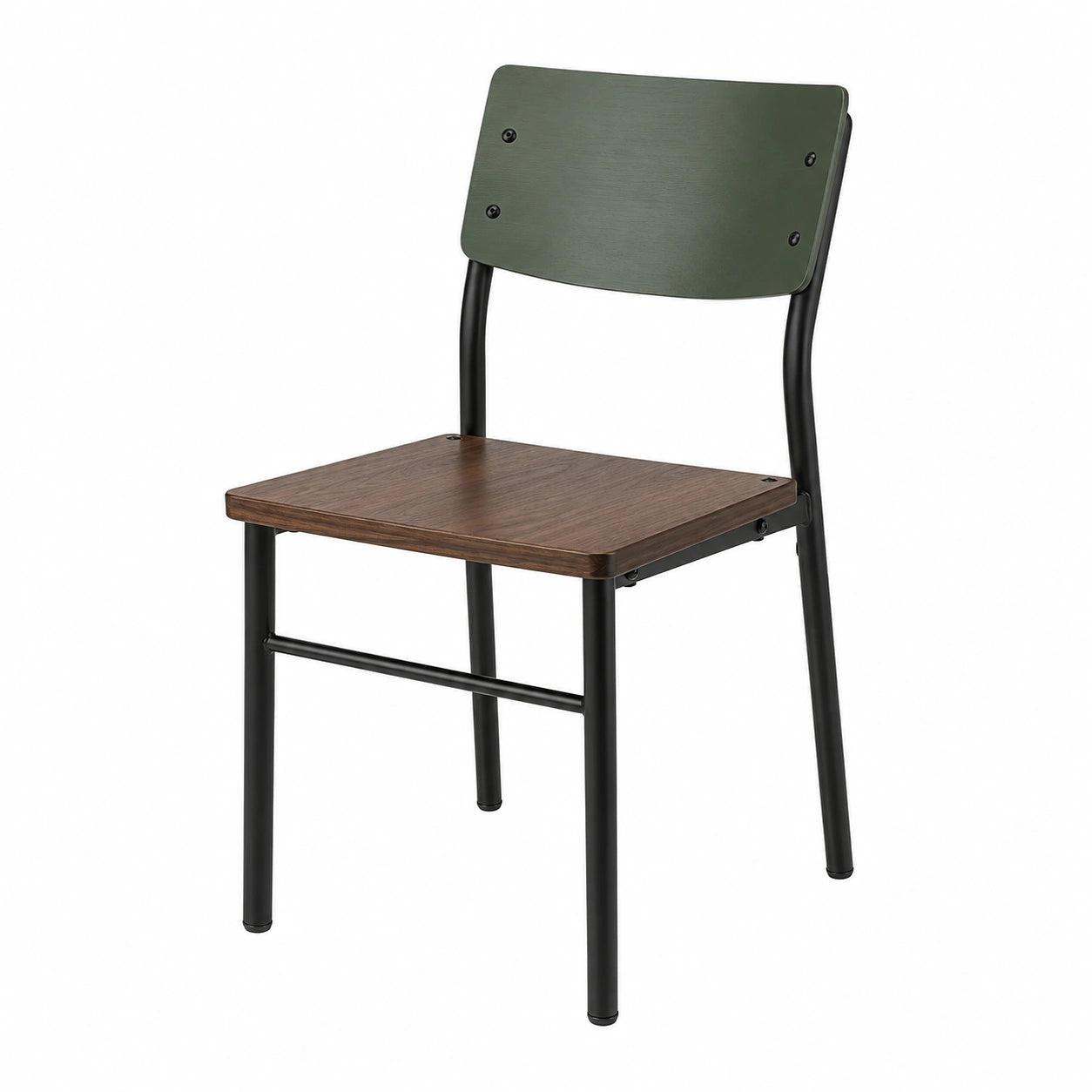 Silla de madera y metal con respaldo verde