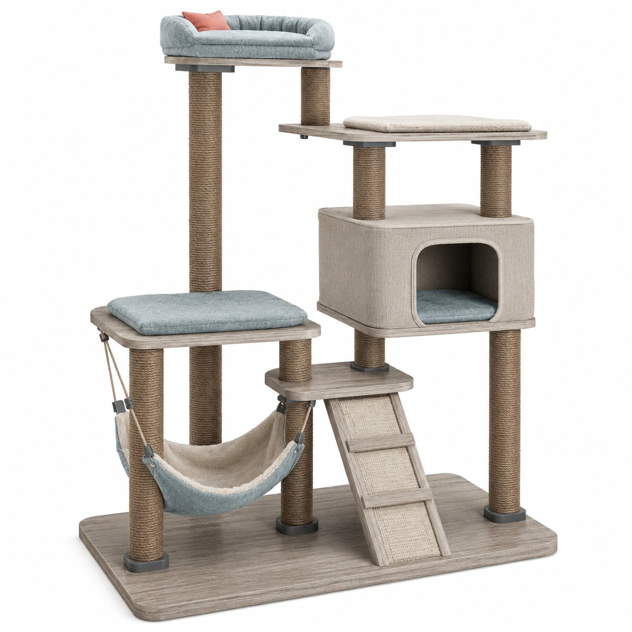 Árbol para gatos de madera y sisal, beige y azul