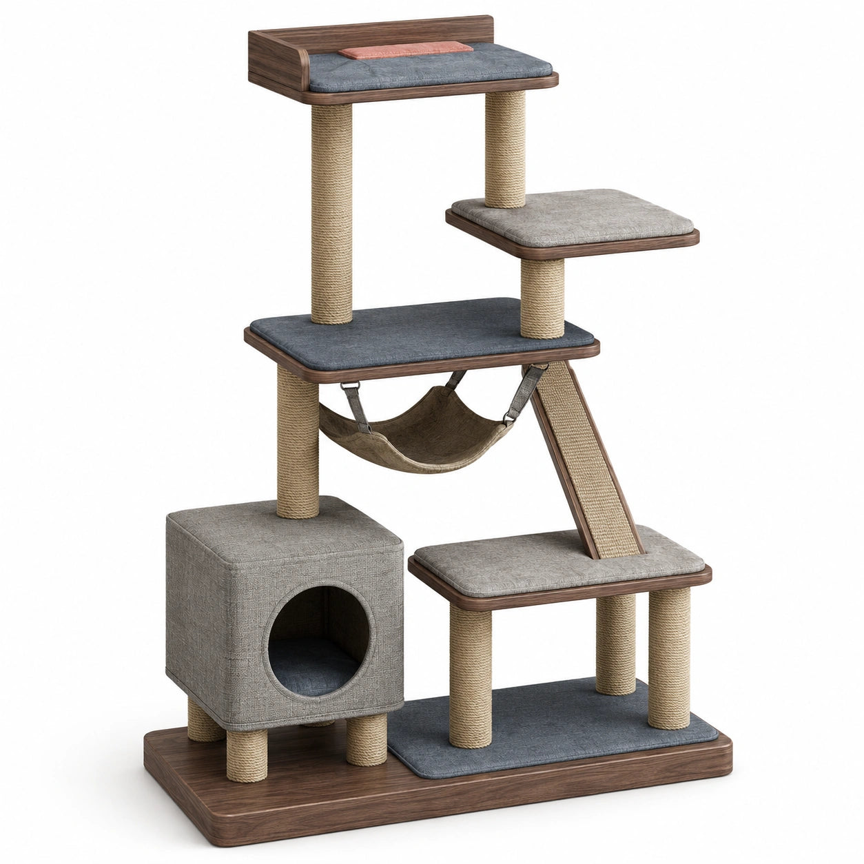 Árbol rascador de madera y sisal para gatos con plataformas