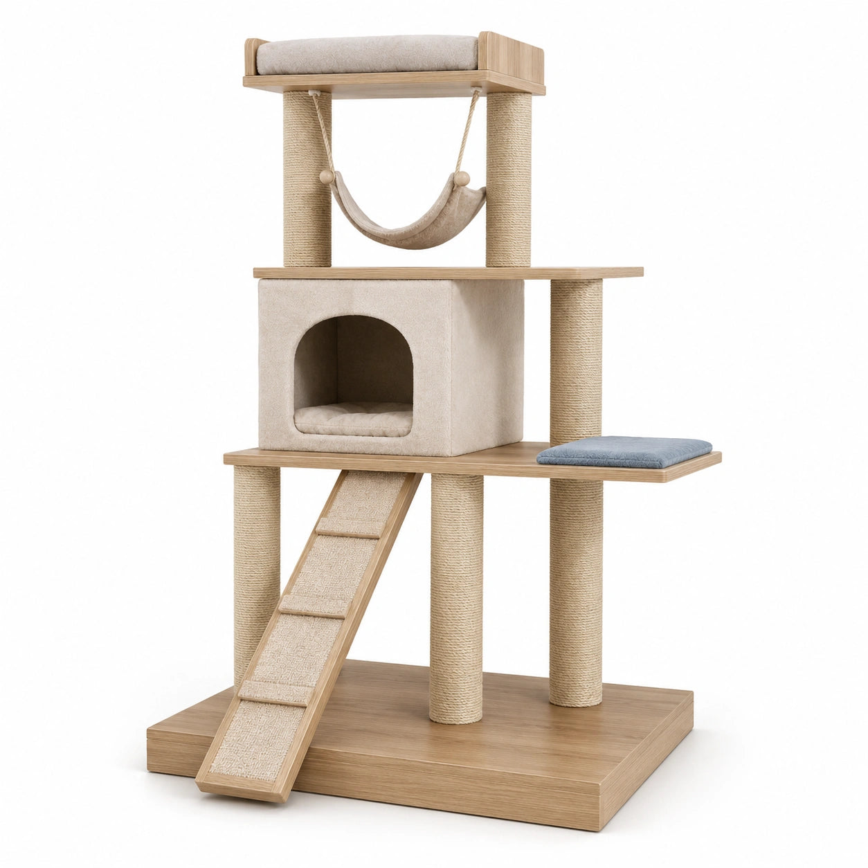 Árbol rascador para gatos de madera y tela con cojines