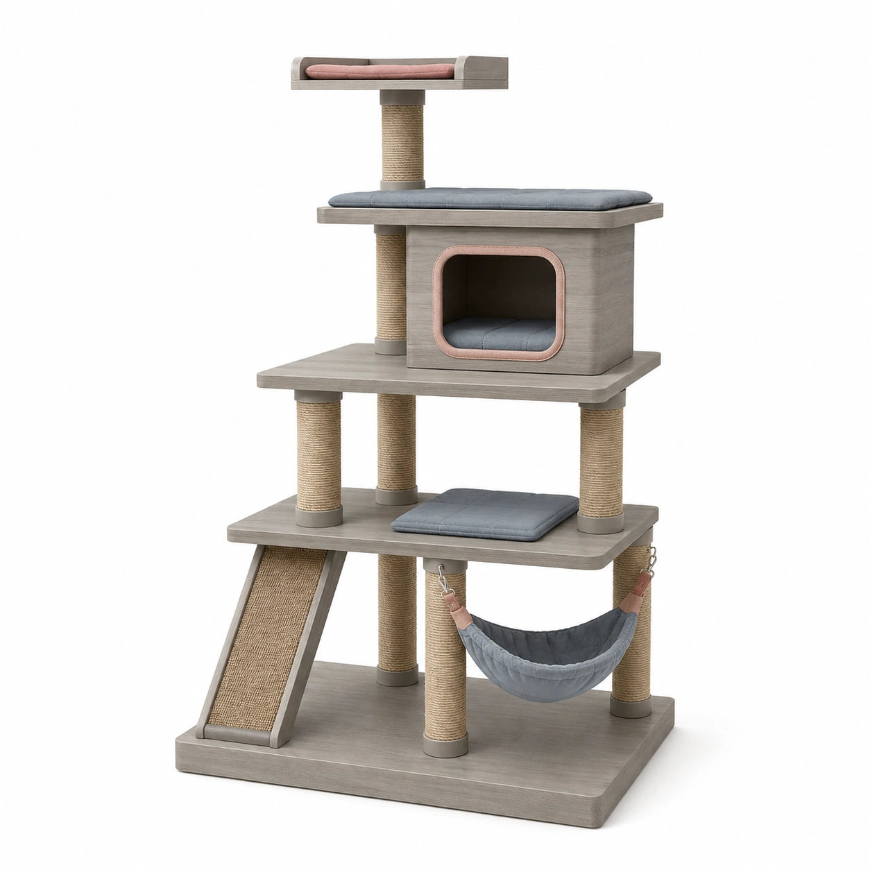 Árbol para Gato de MDF Gris y Rosa con Rascador y Hamaca