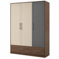 Armario de madera con puertas MDF beige y gris y cajones