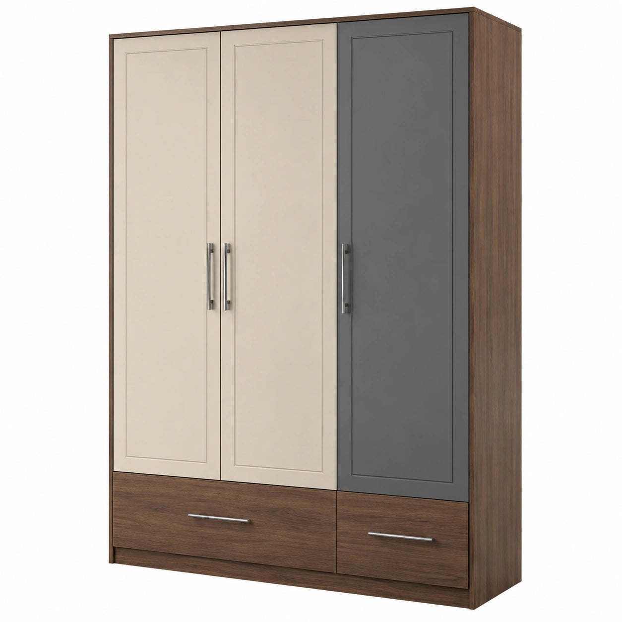 Armario de madera con puertas MDF beige y gris y cajones