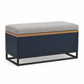 Banco con almacenamiento de metal y madera con asiento de tela gris