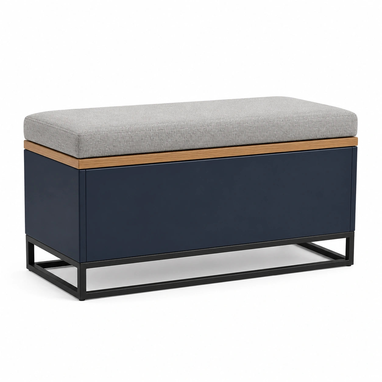 Banco con almacenamiento de metal y madera con asiento de tela gris