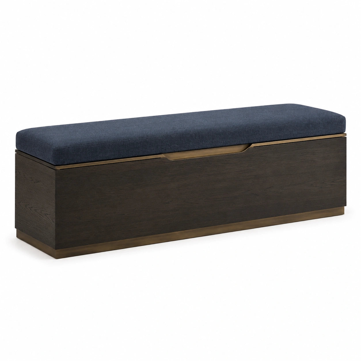 Banco de almacenamiento de tela azul y madera marrón