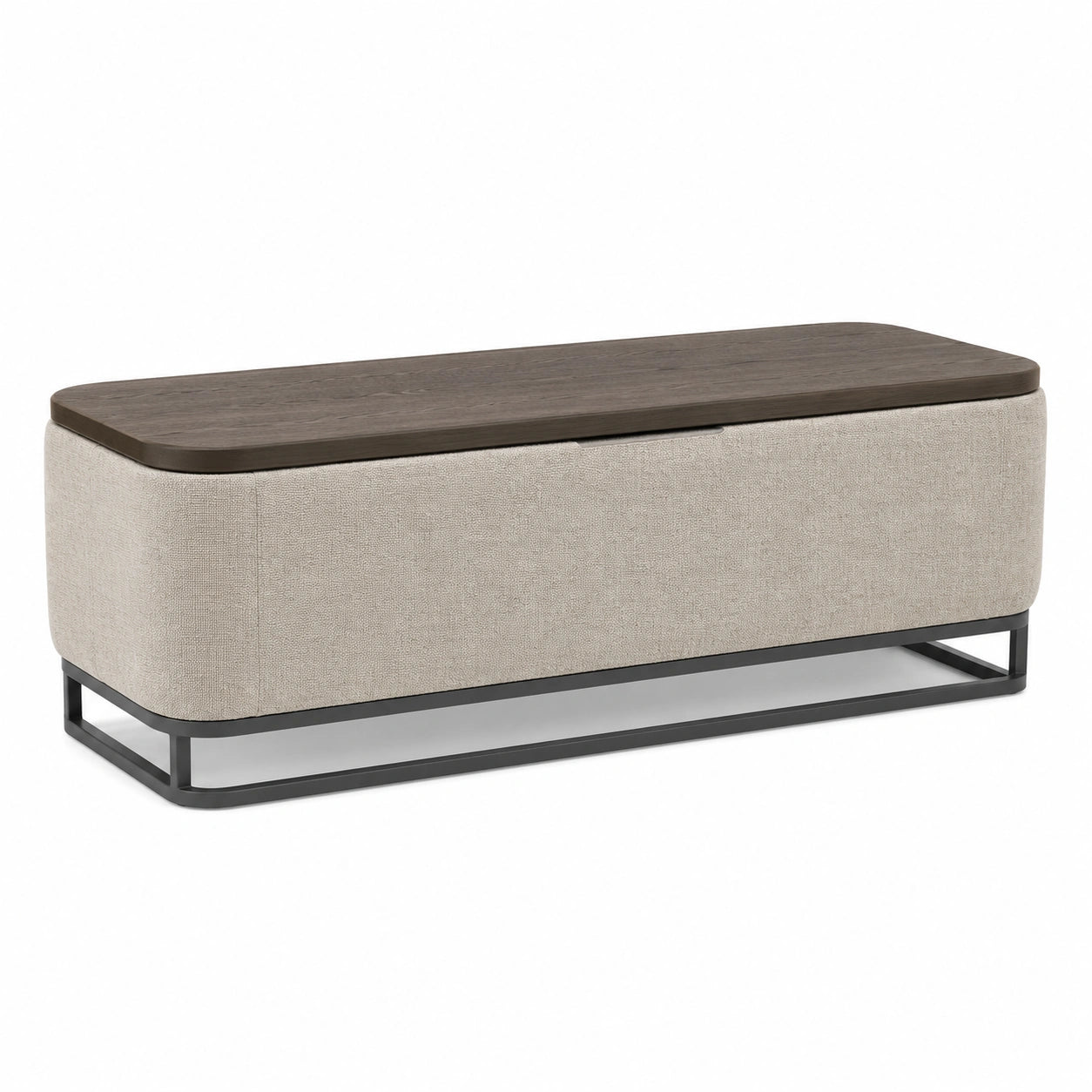 Banco de Almacenamiento Tapizado Beige con Tapa de Madera y Base de Metal 120cm