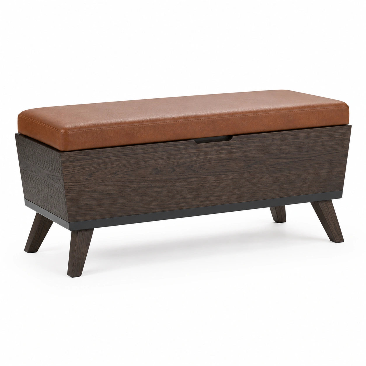 Banco de almacenamiento de madera con asiento de cuero sintético marrón