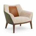Sillón de Lino Beige con Detalles de Cuero Sintético y Base de Madera