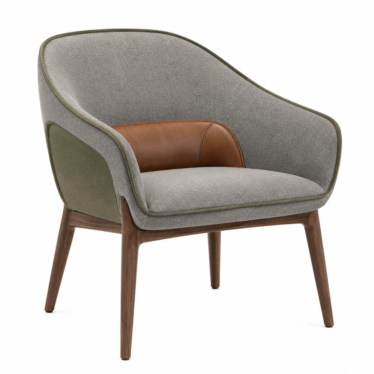 Silla de madera con tapizado en poliéster gris y cuero sintético marrón