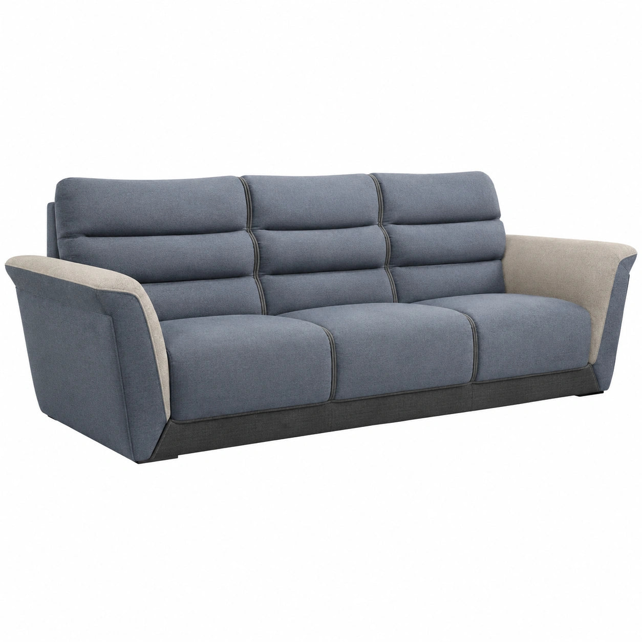 Sofá de 3 plazas de tela azul y beige con brazos acolchados