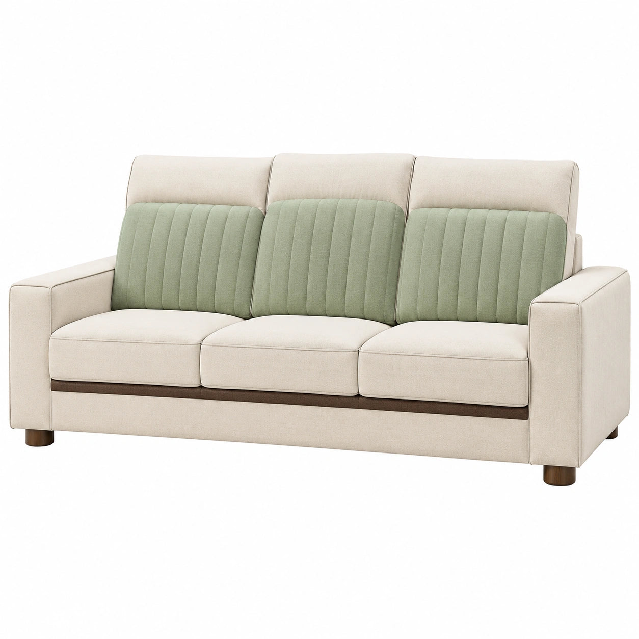 Sofá de 3 plazas de tela beige con cojines verdes