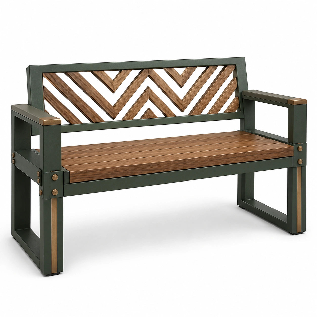Banco de jardín de acero y madera con diseño de espiga
