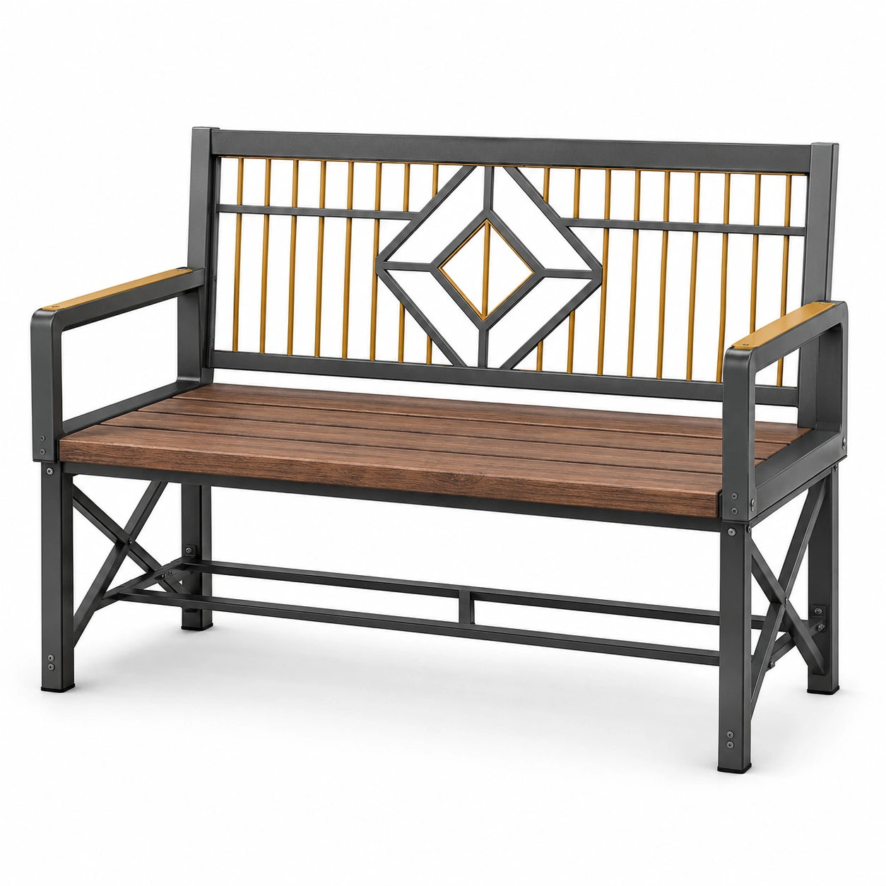 Banco de jardín de metal y madera con diseño geométrico 125 cm