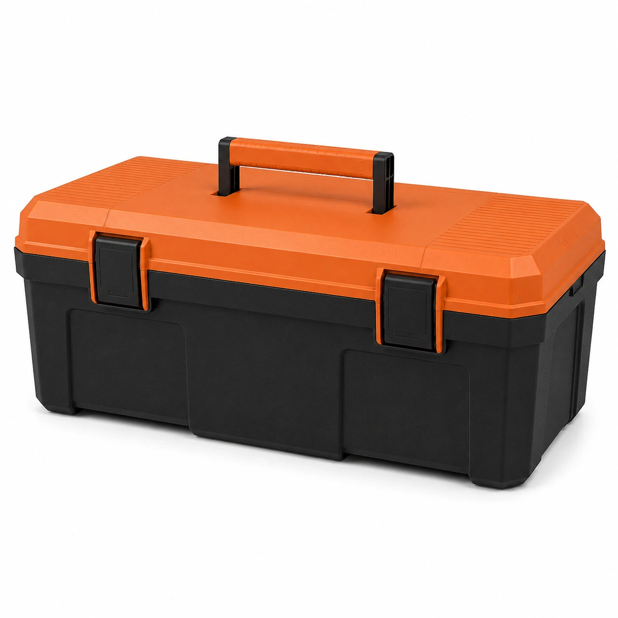 Caja de herramientas de plástico negro y naranja con cierre