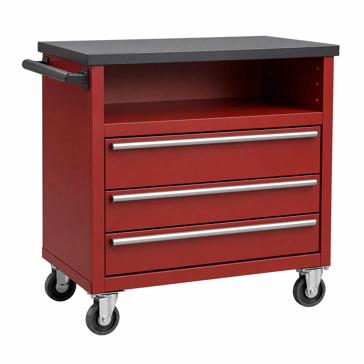 Carro de herramientas de metal rojo con 3 cajones y ruedas, 77cm x 46cm x 91cm