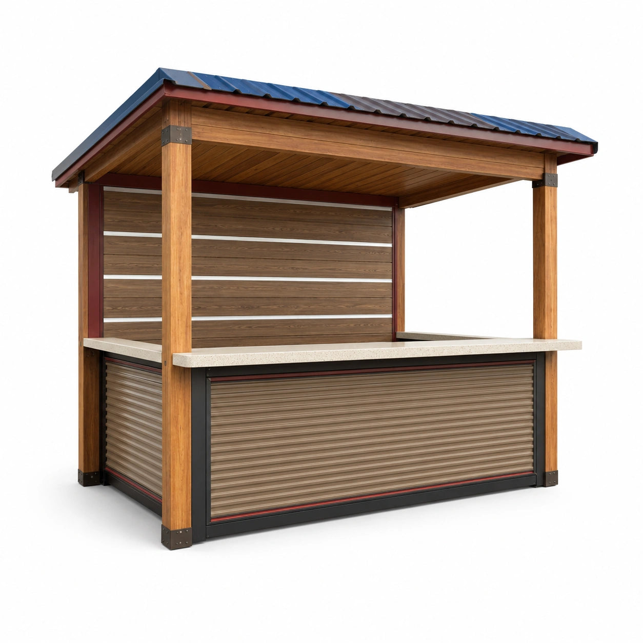 Puesto de Madera y Metal con Techo Azul y Mostrador Beige