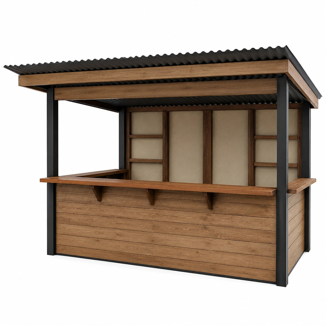 Puesto de Venta de Madera y Acero con Techo Metálico