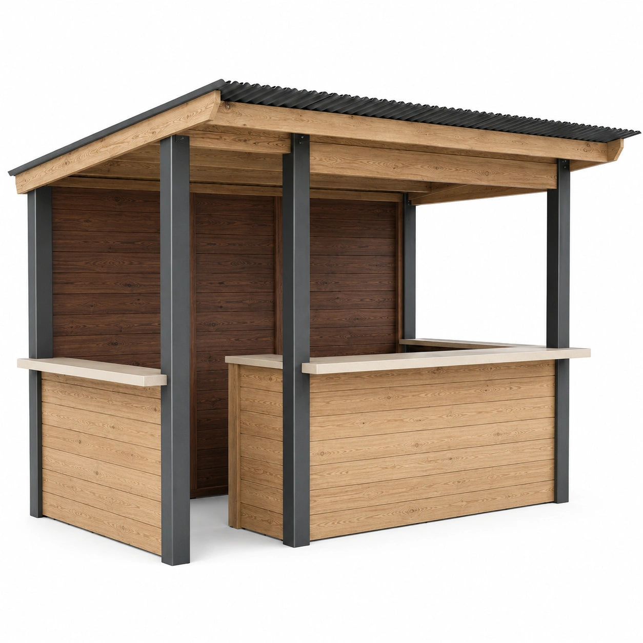Puesto de Madera y Acero para Exteriores con Techo Inclinado