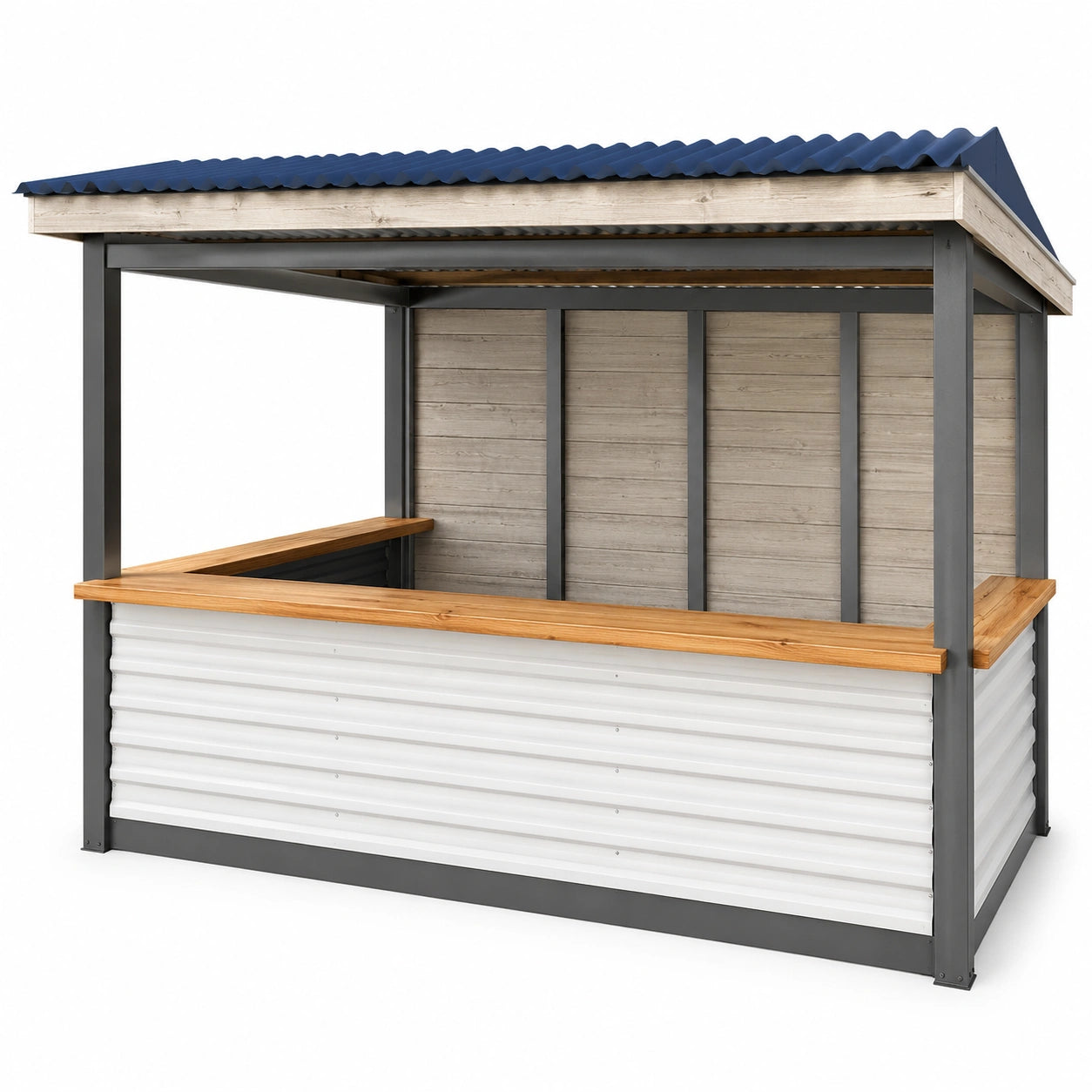 Puesto de Mercado de Acero y Madera con Techo Azul