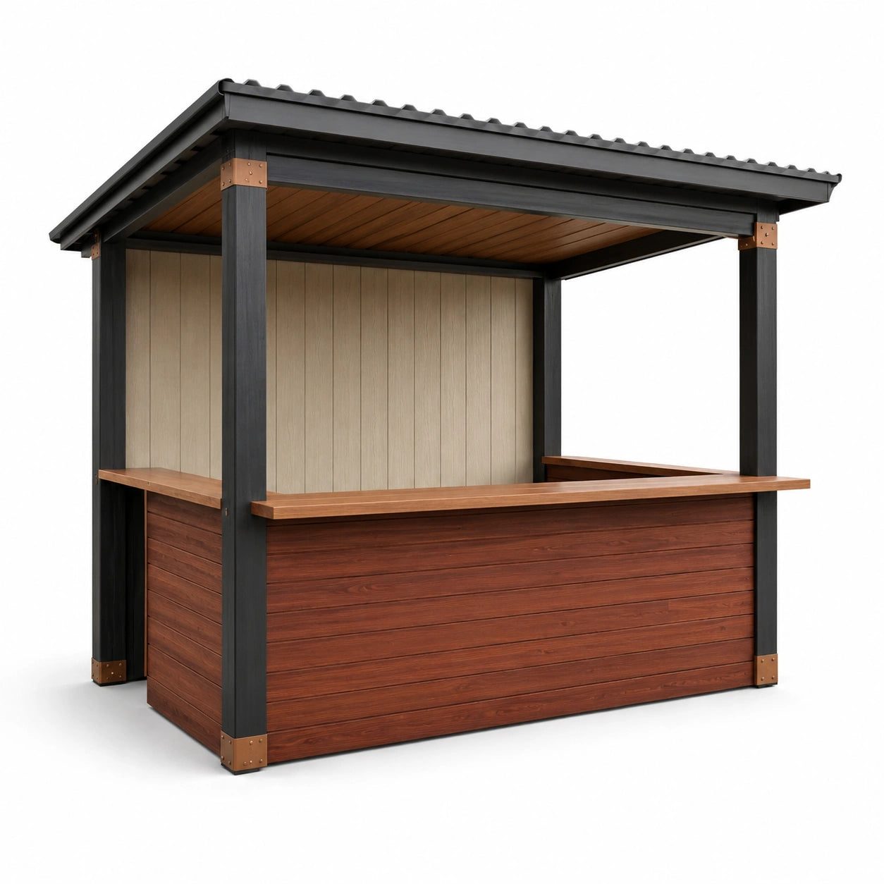 Puesto de madera y acero para exteriores